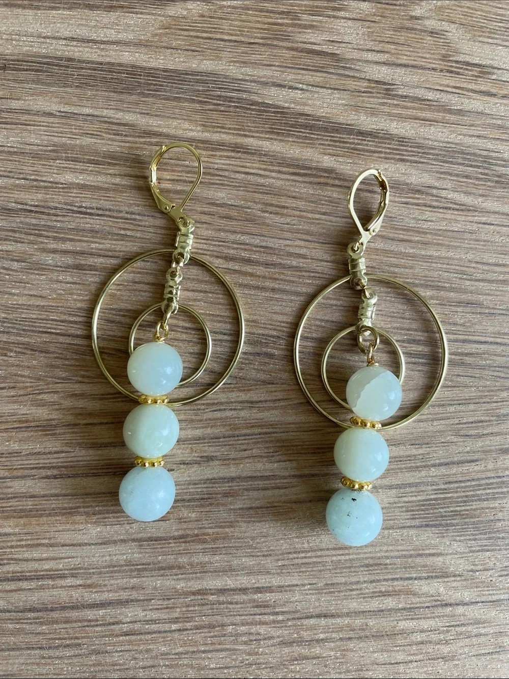 HAND CRAFTED AMAZONITE NATURAL STONE GOLD DOUBLE HOOP EARRINGS Dangle Boho Chic
